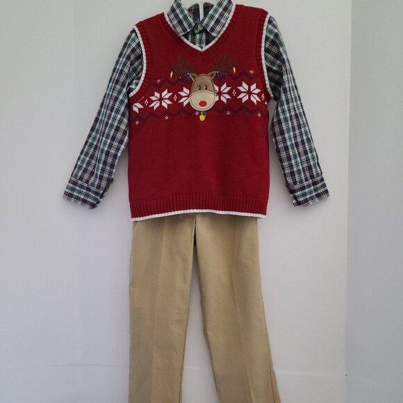 IZOD ELABORATE RED TODDLER BOY REINDEER FAIR ISLE SWEATER VEST 3 PIECE SET SZ 5T - Picture 1 of 12